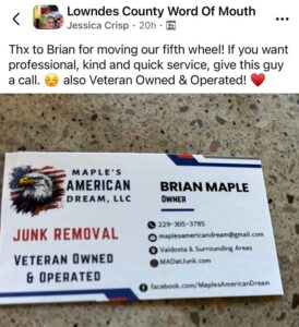 MAD Junk Removal testimonial from a facebook group